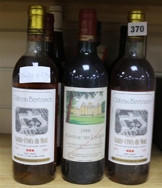 Two bottles of Chateau Bertranon, Saint Croix du Mont, 1982 and ten other assorted wines including three Chateau Des Laurets, 1988.